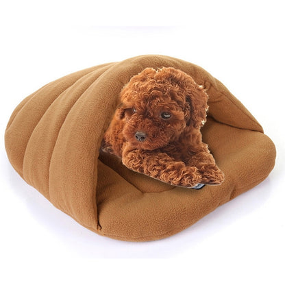 Slipper-shaped fleece pet house bed, size L, tan/brown, with dog curled inside