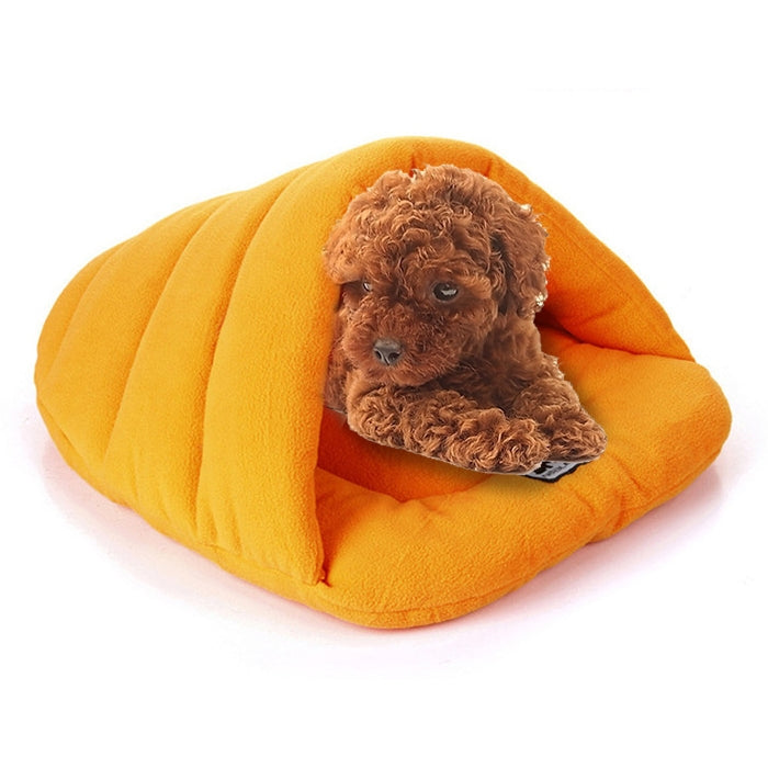 Slipper-shaped fleece pet house bed, size L, yellow/orange, with dog curled inside