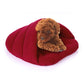 Slipper-shaped fleece pet house bed, size L, burgundy/wine red, with dog curled inside