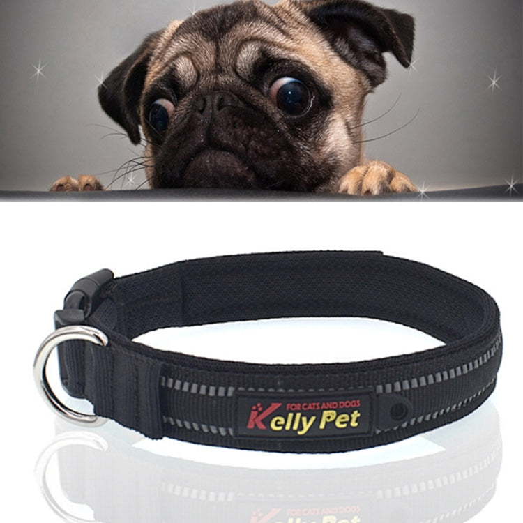 Black reflective dog collar with adjustable strap and metal D-ring hardware