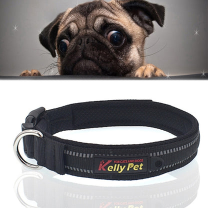 Black reflective dog collar with adjustable strap and metal D-ring hardware