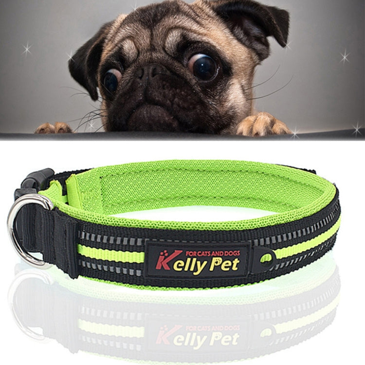 Green reflective dog collar with adjustable strap and metal D-ring
