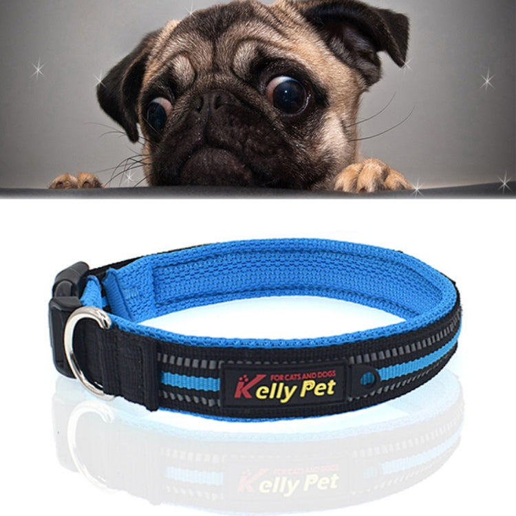 Blue reflective dog collar with adjustable strap and metal D-ring
