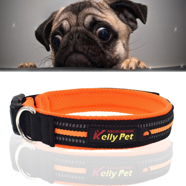 Orange reflective dog collar with black strap and metal D-ring