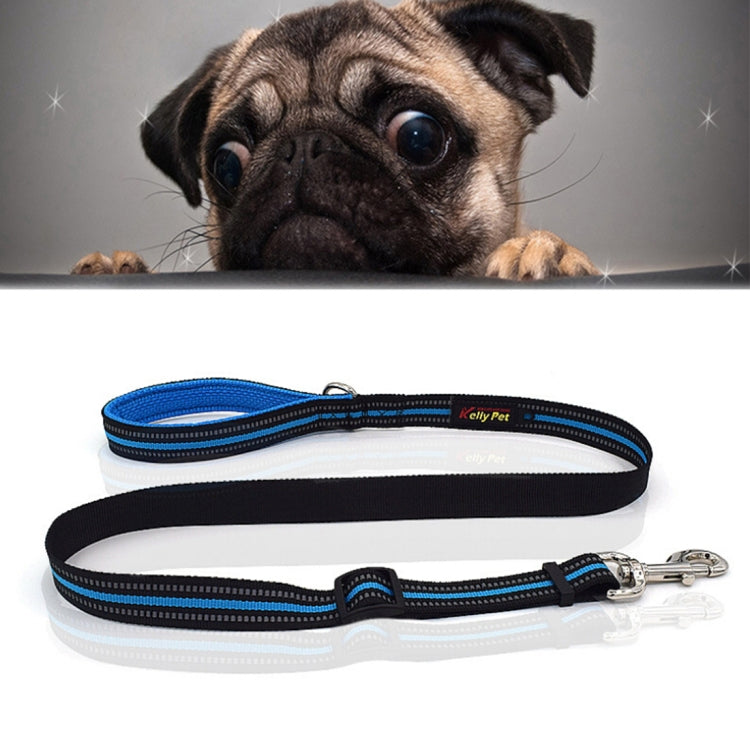 Blue-accent reflective nylon dog traction lead leash with metal clasp and adjustable handle