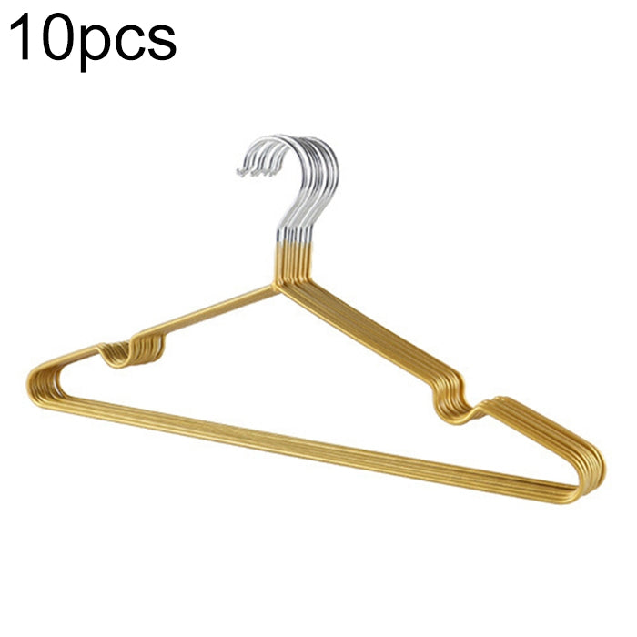 Set of 10 gold PVC-coated clothes hangers with chrome top hook