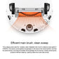 Robot bottom brush bay with orange main brush and side wheel brushes