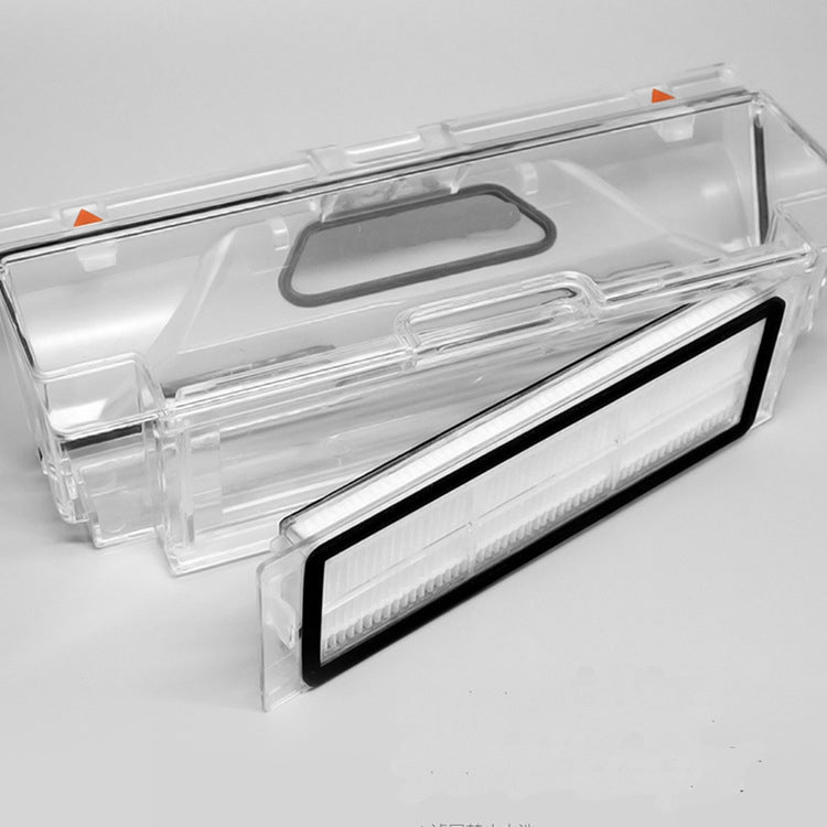 Transparent dust bin with gray pleated filter and black sealing strip