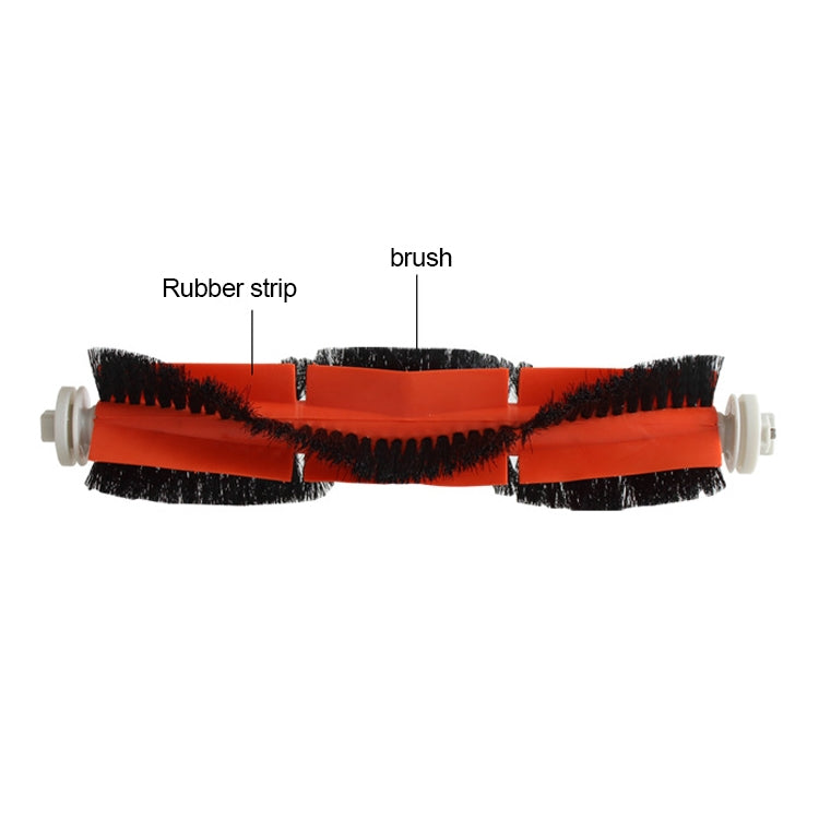 Main brush roller with orange base, black bristles, and rubber strip