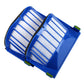 Blue filter cartridge with white pleated mesh and green mounting clips