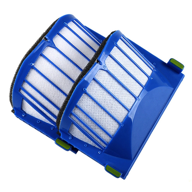 Blue filter cartridge with white pleated mesh and green mounting clips