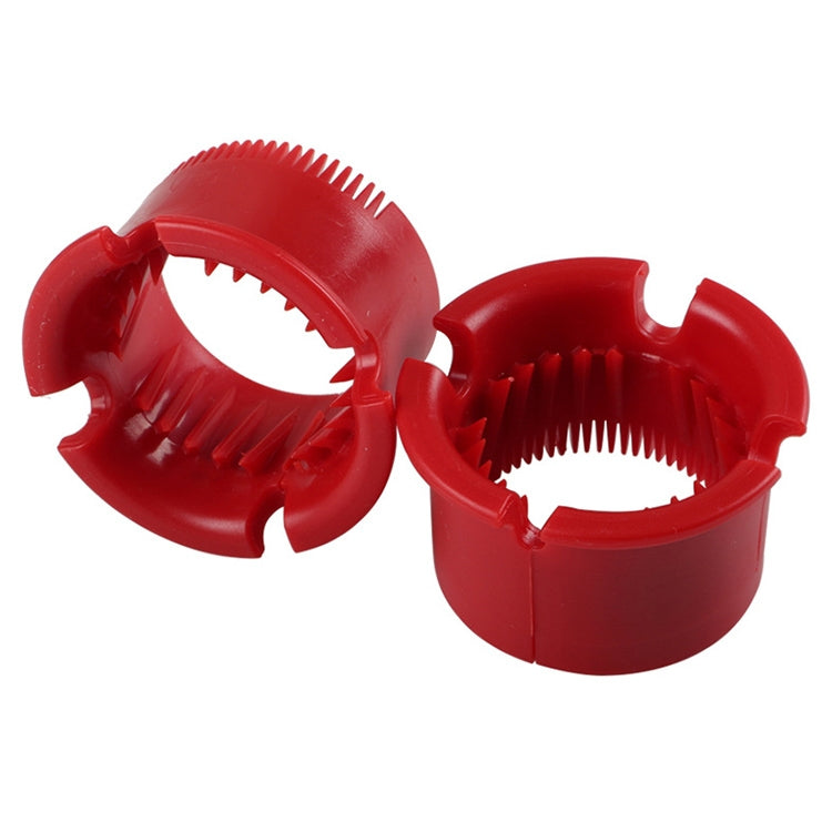 Red plastic filter holders with interlocking toothed rims and snap tabs