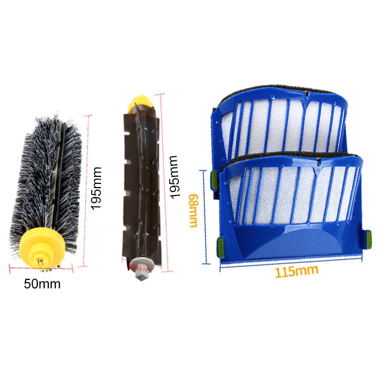 Brush and filter accessory set with labeled measurements for parts and fit