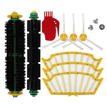 Robot vacuum accessory set: roller brush, side brush, filter, and screws