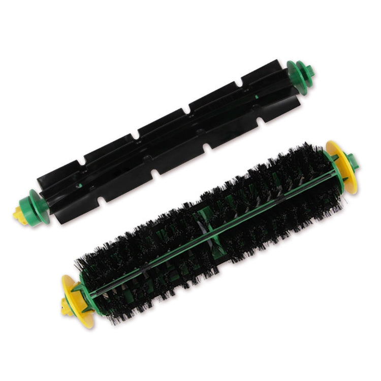 Robot vacuum roller brush with black bristles and green end caps
