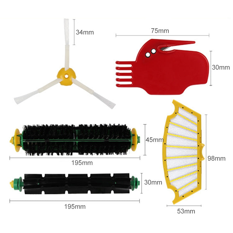 Robot vacuum accessory parts layout: side brush, roller brush, and filter panels