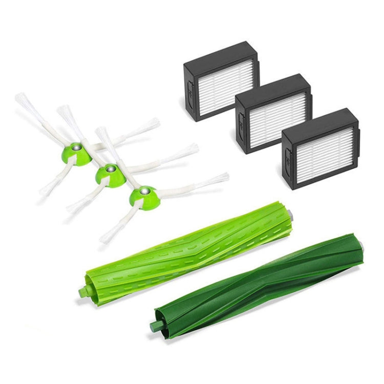 Robot vacuum accessory set with green side brushes, green main brushes, and black filters