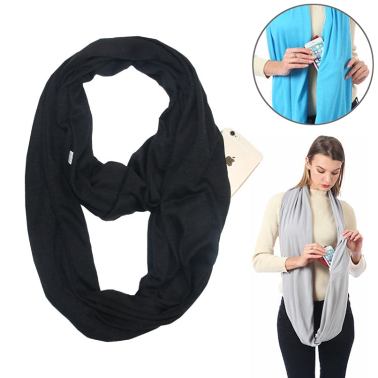 Black infinity scarf with zip pocket loop, shown on model