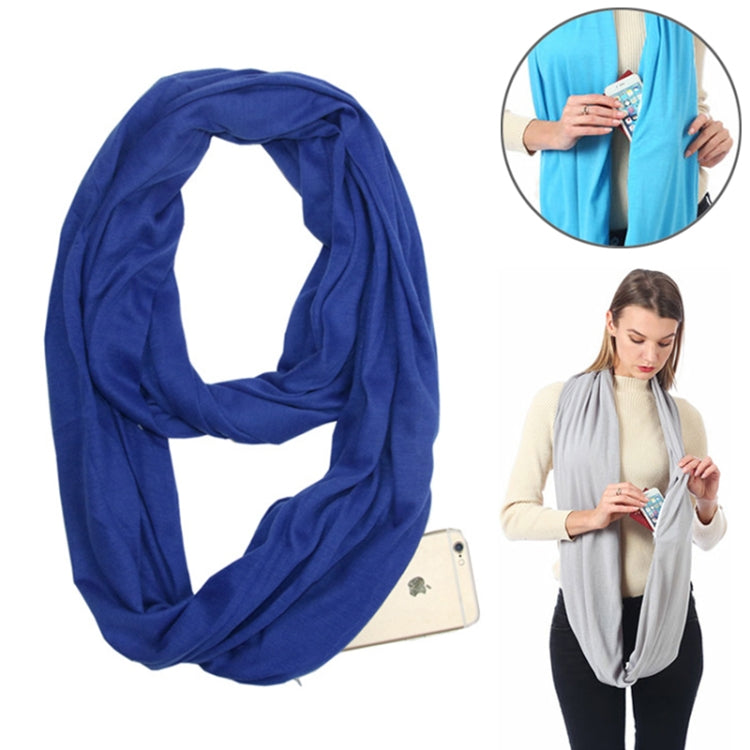 Blue infinity scarf with zip pocket loop, shown on model