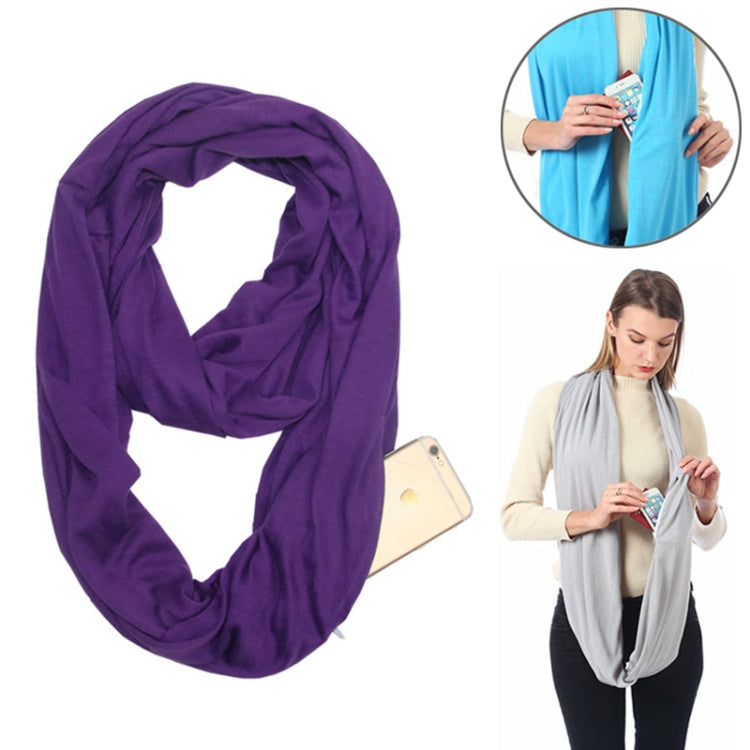 Purple infinity scarf with zip pocket loop, shown on model