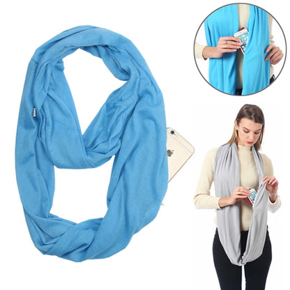 Sky blue infinity scarf with zipper storage pocket, draped loop design