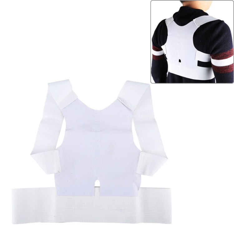 White posture-correcting back brace vest with padded shoulder straps and waist belt.