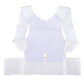 White back support vest brace with wide shoulder pads and elastic waist belt.
