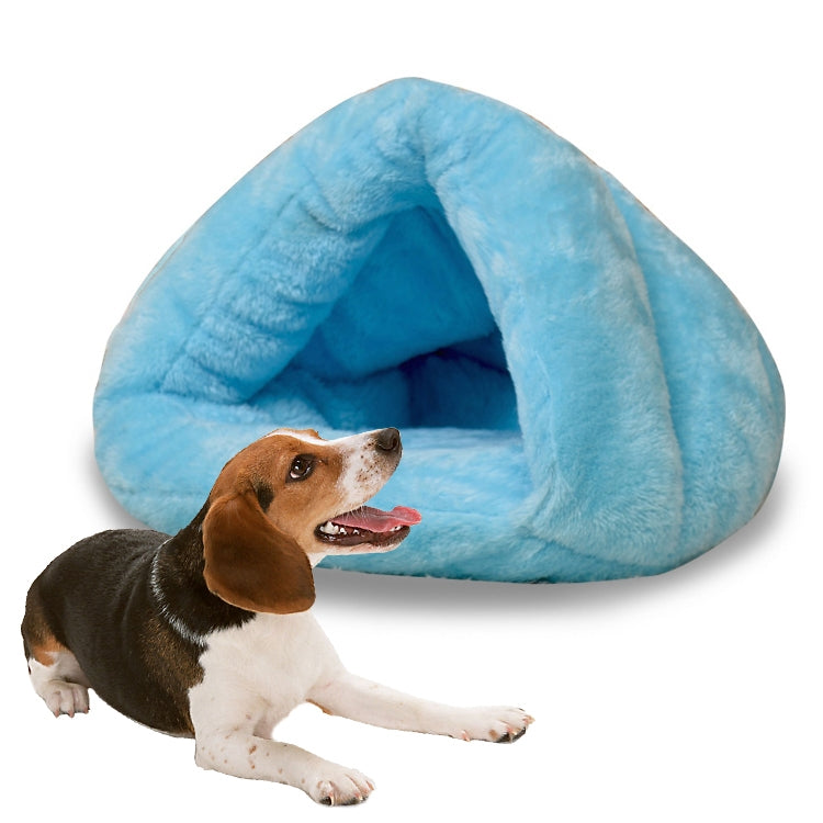 Sky blue triangular plush pet kennel bed for cats and dogs, open tunnel entrance