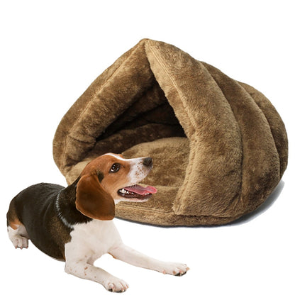 Brown triangular plush pet kennel bed for cats and dogs, open tunnel entrance