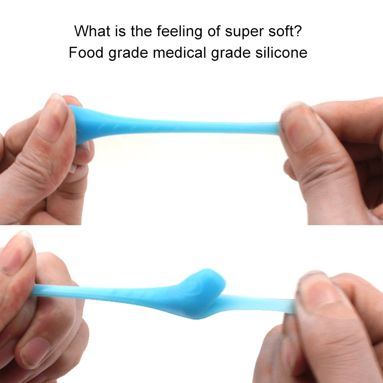 Blue silicone nose clip brace, shown being held and stretched between fingers