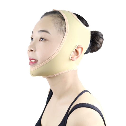 Beige chin lift face mask belt with breathable knit and elastic edge
