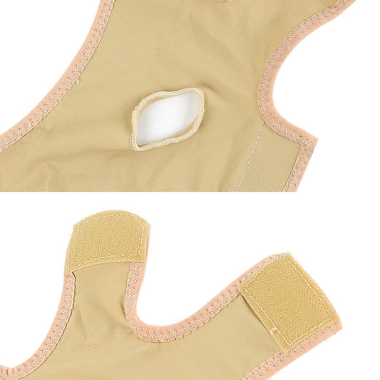 Beige double chin support face mask belt close-up with scalloped edges and breathing cutout