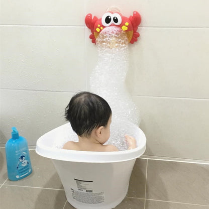 Red crab bubble bath toy with face, dispensing bubbles into a child bath tub