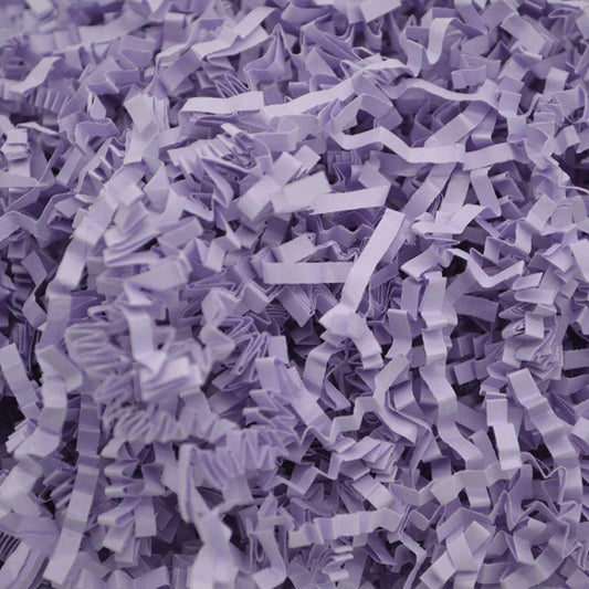 Lavender shredded paper filler strips with crumpled, ribbon-like paper pieces