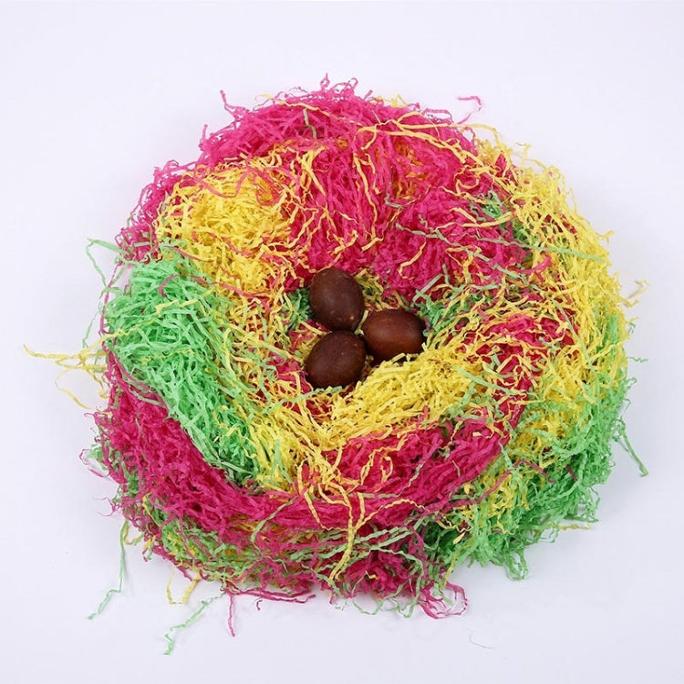 Multicolor shredded raffia paper filler nest with three brown round accents