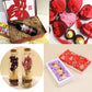 Gift box with shredded paper filler assortment, tan and pink strands inside