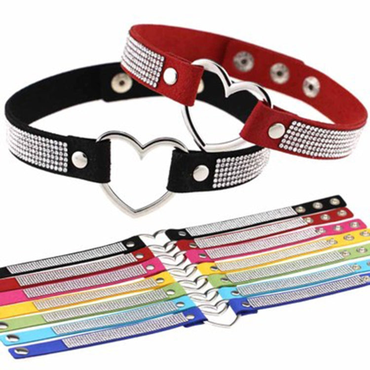 Rhinestone heart choker necklace with red and black straps and silver heart buckle