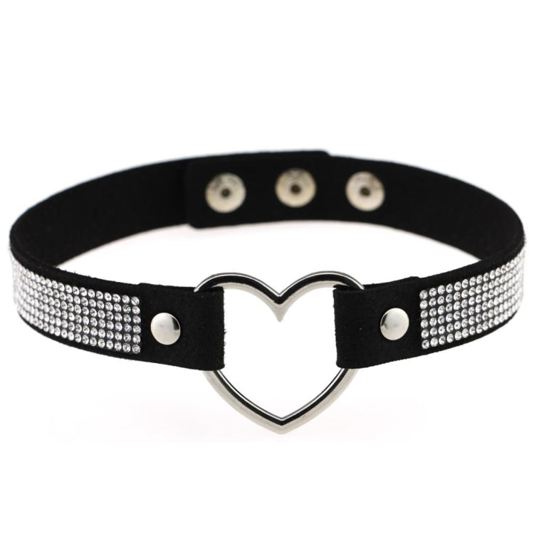 Rhinestone heart choker necklace with black velvet strap and silver heart clasp