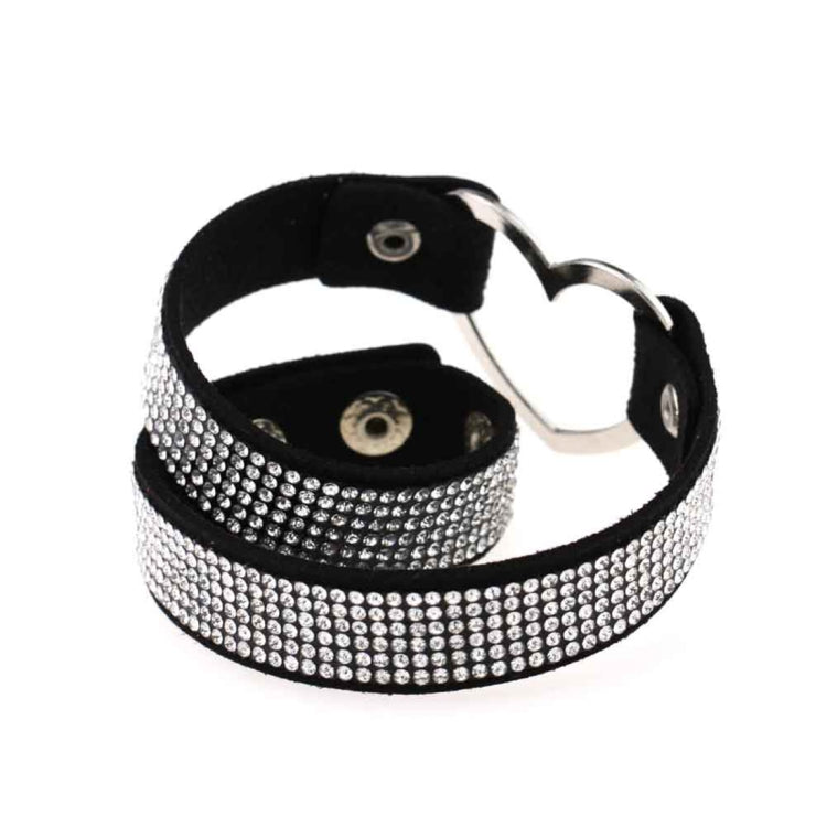 Rhinestone heart choker necklace with black center panels and silver heart buckle