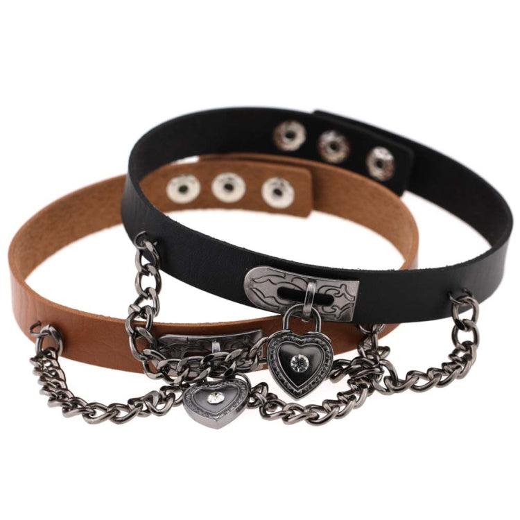 Heart-lock leather choker bracelet with chain accents, black and tan straps
