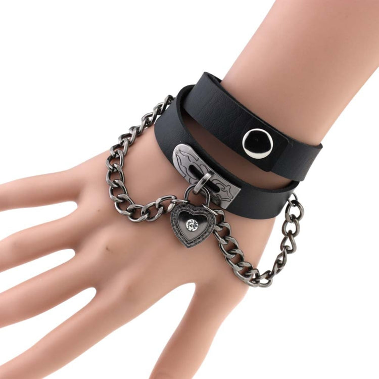 Black heart-lock leather choker bracelet with heart charm and chain links