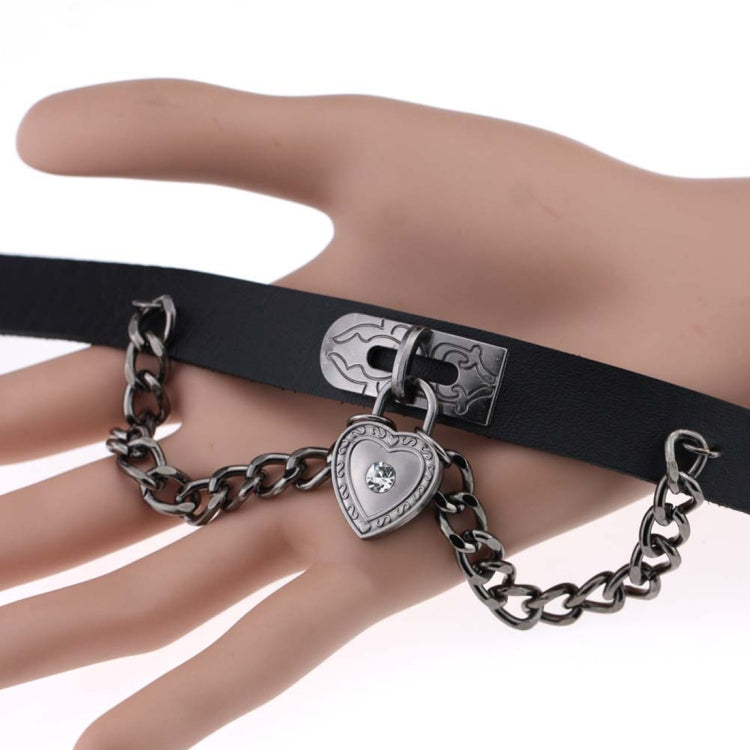 Black heart-lock leather choker bracelet with heart padlock charm and chain
