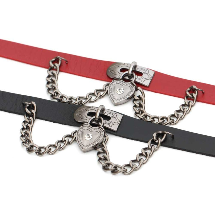 Heart-lock leather choker bracelet set on straps, red and black colors shown
