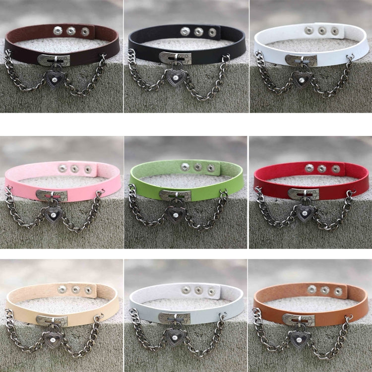 Assorted heart-lock leather choker bracelets in multiple colors with chain links