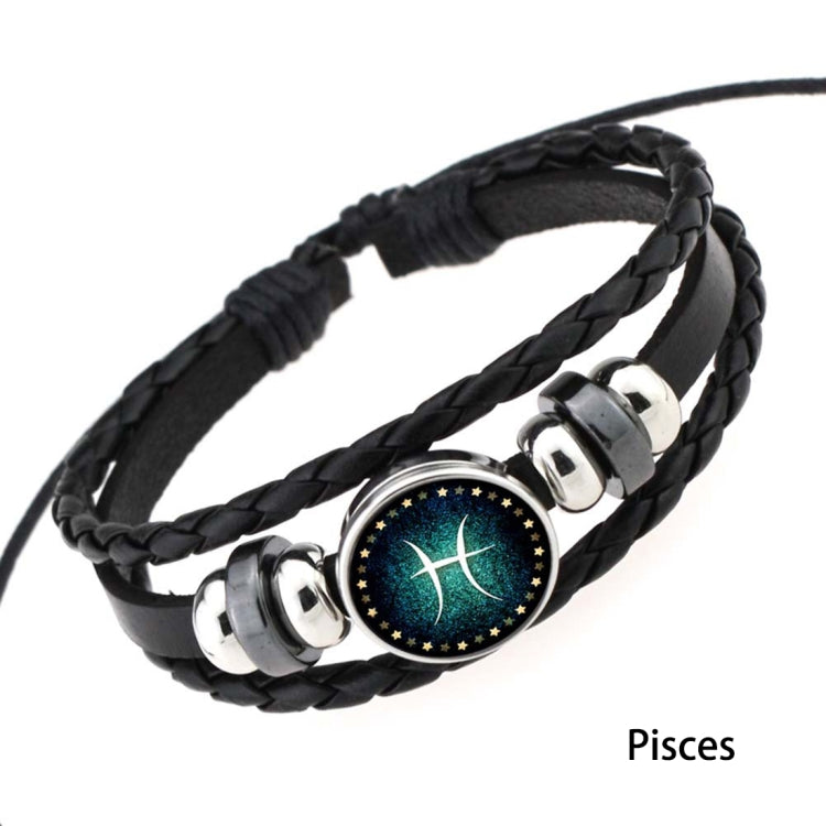 Black braided leather zodiac bracelet with round blue-green charm and silver clasps