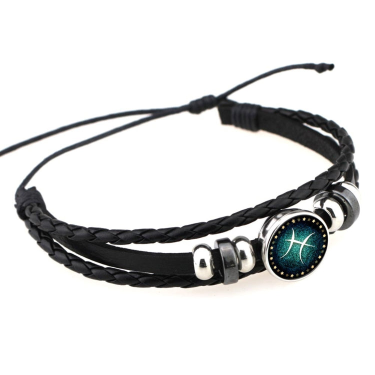 Black braided leather zodiac bracelet with round constellation charm and adjustable cord