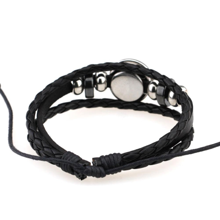 Black braided leather bracelet with round silver accents and adjustable tie ends