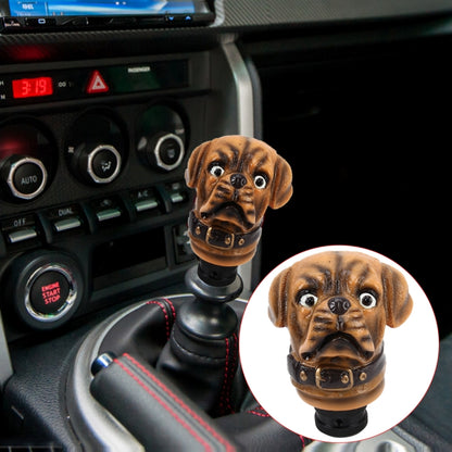 Bulldog-shaped car gear shift knob cover with tan face and black base