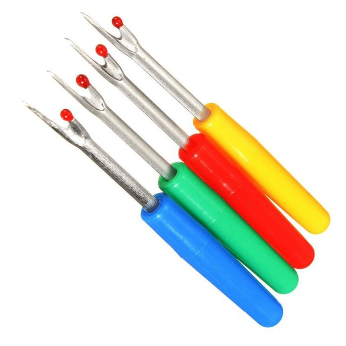 Four seam cutter tools with colored handles and pointed metal blades for sewing seams