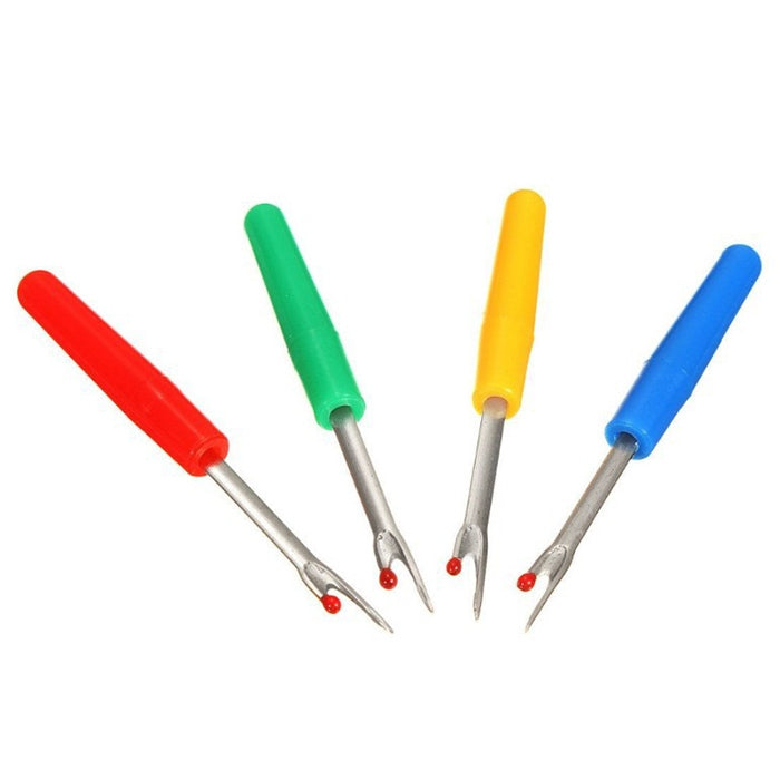 Four seam ripper sewing tools with red, green, yellow, and blue colored handles